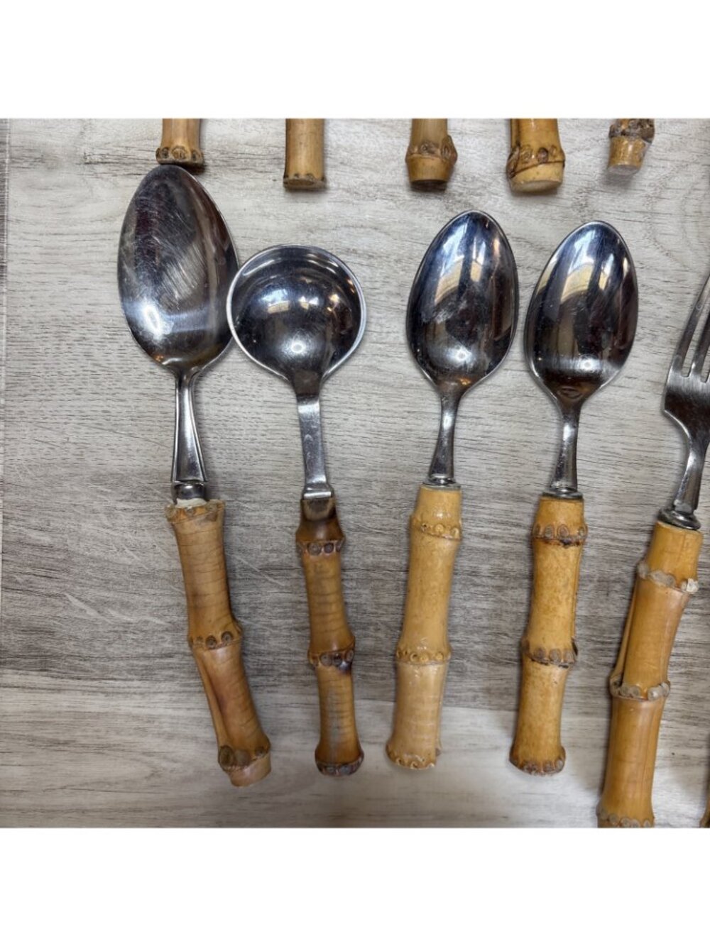 Vtg 29pc Bamboo Handle Flatware Silverware and Serving Pieces Stainless Japan - Picture 6 of 14